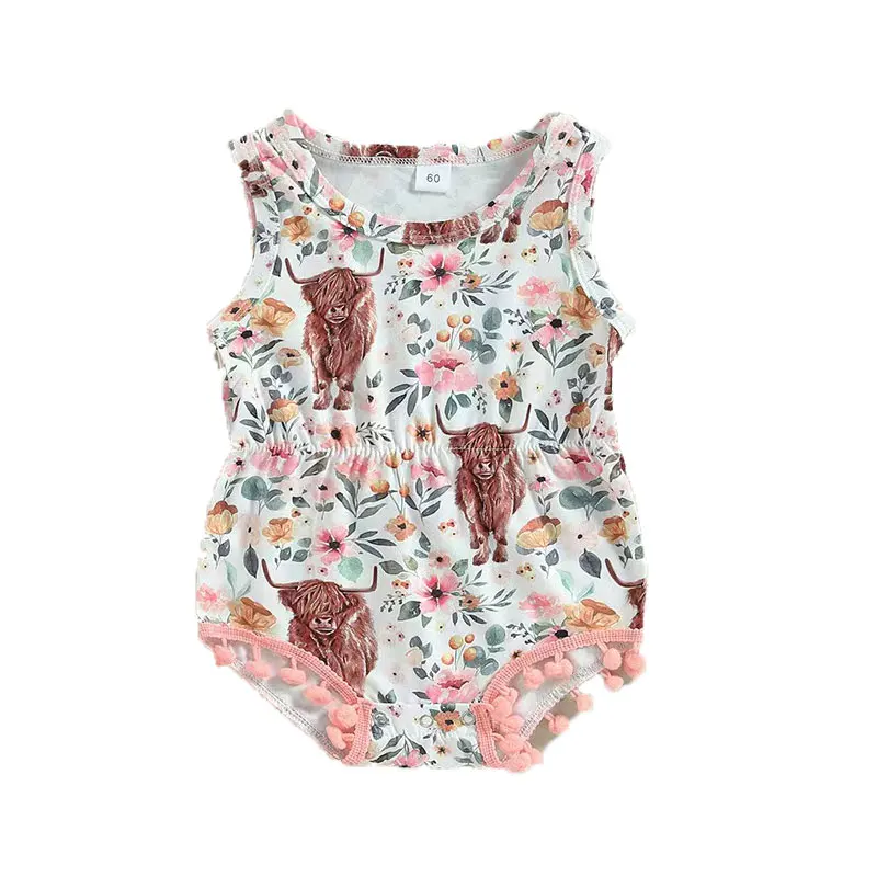 Nwe Style Baby Girl Summer Sweet Sleeveless Animal Cartoon Print Hairball Romper - Image 3