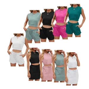 2024 New Style Woman Short Sets Solid Color Round Neck Elastic Waist Sleeveless Fashion Suit Lightweight Breathable Fabric