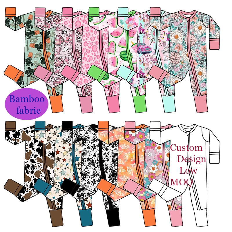 Hot Selling Custom Printing Baby 95 Bamboo 5 Spandex Fabric One Piece Home Wear Folded Cuffs Baby Long Zippy - Image 3