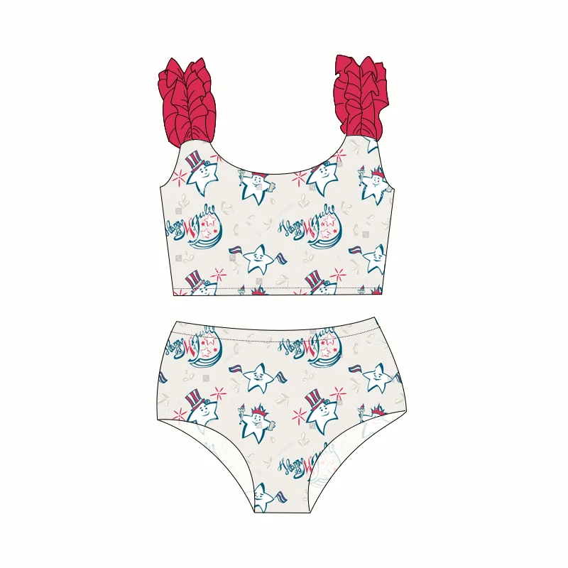 New Arrival Kids Baby Two-Piece Swim Set Custom 4th of July Printing Summer Bathing Swimsuit with Ruffles - Image 3