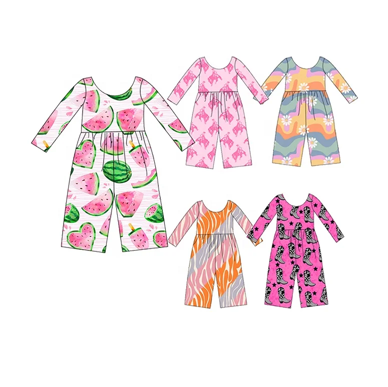 Custom Newborn Baby Boutique Kids Girls Clothing Long Sleeve Wide Leg Jumpsuit Pajamas Romper