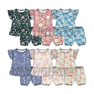 Hot Selling Kids Girl Flutter Sleeve Peplum Shirt with Short Set Soft Bamboo Fabric Little Girl Outfits