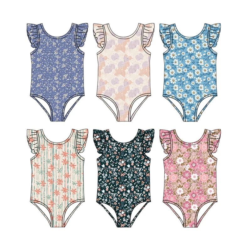 Hot Selling Kids One Piece Swimsuit Custom Floral Printing Summer Bathing Swimsuit with Ruffles