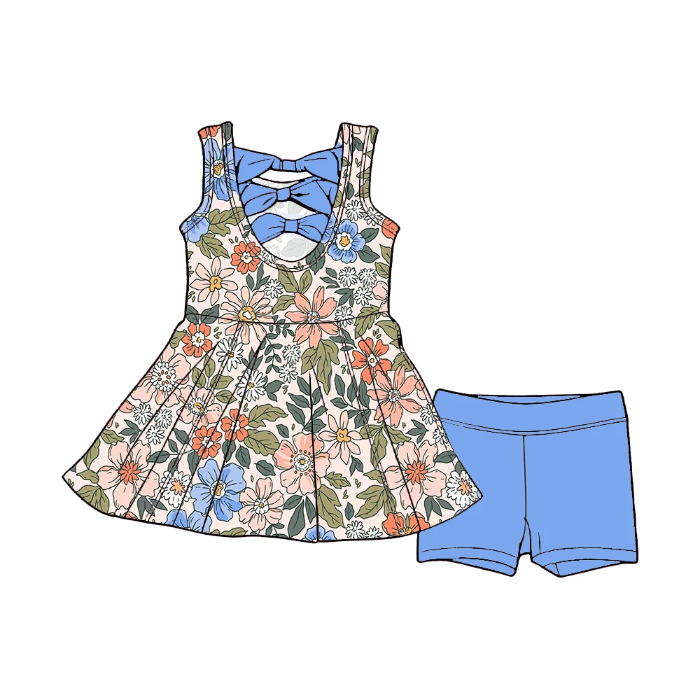 Hot Sale Summer Custom Floral Pattern Back Bows Peplum Tops with Biker Shorts Boutique Kids Girls Clothes Sets - Image 4
