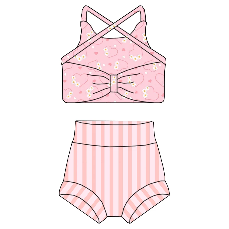 Summer Girl Custom Printed Bow Decoration Swimming Suit Set - High-quality Halter-style Children's Swimwear Set - Image 3