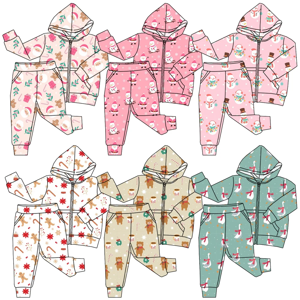 Best-selling Autumn and Christmas Printed Children's Hooded with Zipper Pockets, Fashionable Kids Set