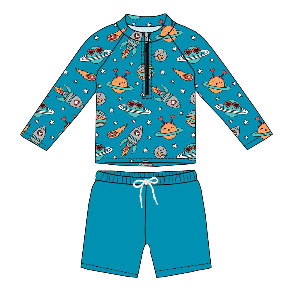 Hot Sale Custom Western Print Swim Sets Long Sleeves Zip-up Tops and Trunks Swimwear Kids Boys 2-Pieces Swimsuit - Image 3