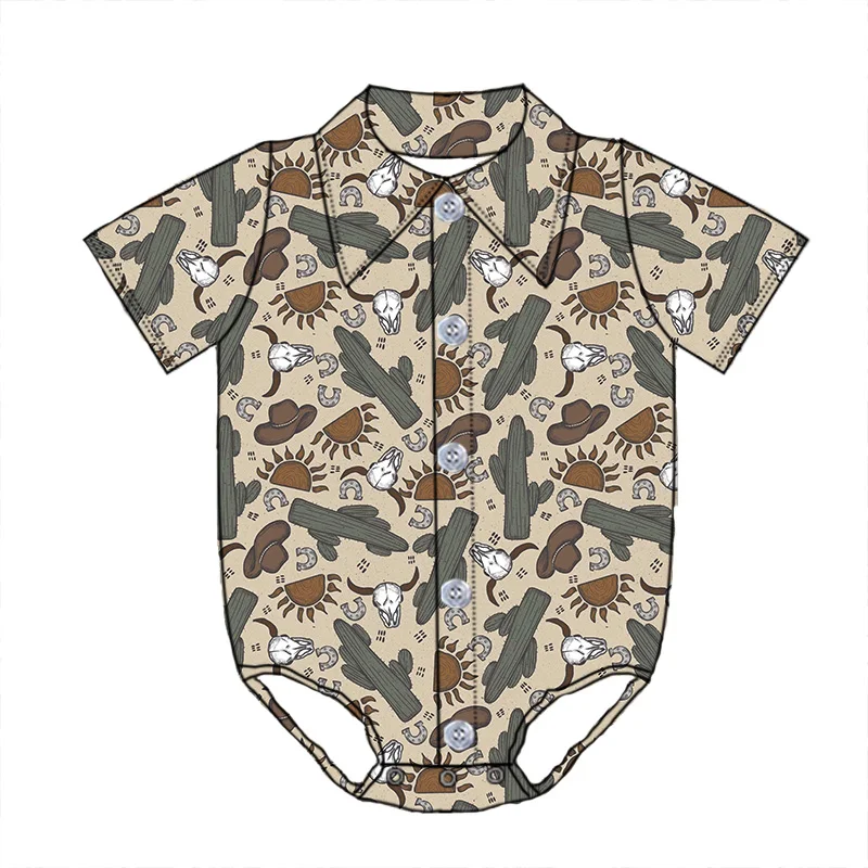 Toddler Boy Girl Western Print Milk Silk Soft Turn Down Collar Jumpsuit Newborn Baby Short Sleeve Romper Kids Button up Leotards - Image 3