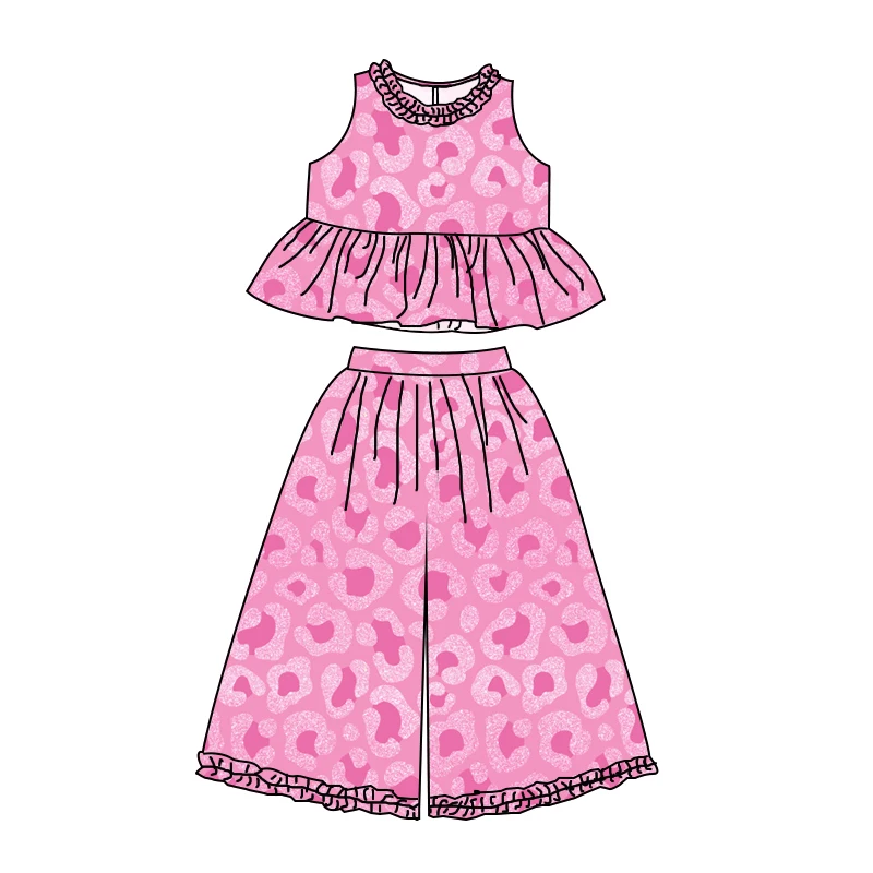 High-quality Summer Girl Sleeveless Peplum Top with Long Wide-leg Pants Set Custom Printed Children's Clothing - Image 2