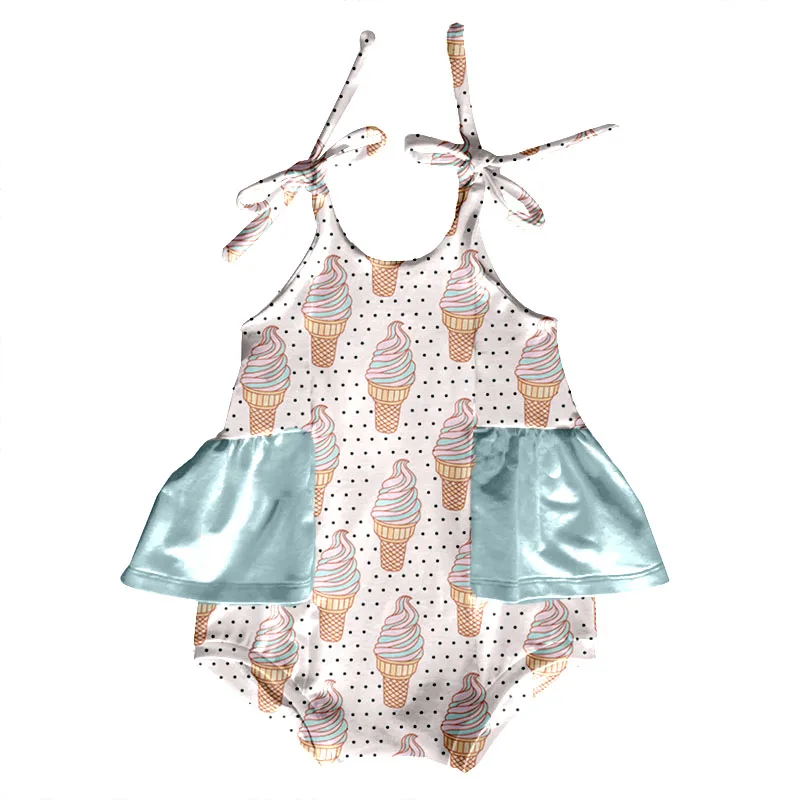 Summer Kids Tie up Leotard With Snap Button Custom Print Milk Silk Fabric Baby Clothes Girls Bubble Ruffle Romper - Image 4