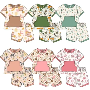 Boutique Crew Neck Top Pocket Baby Girl Short Sleeve Set Custom Leopard Print Pattern Pleated Waist Children's Two-piece Set