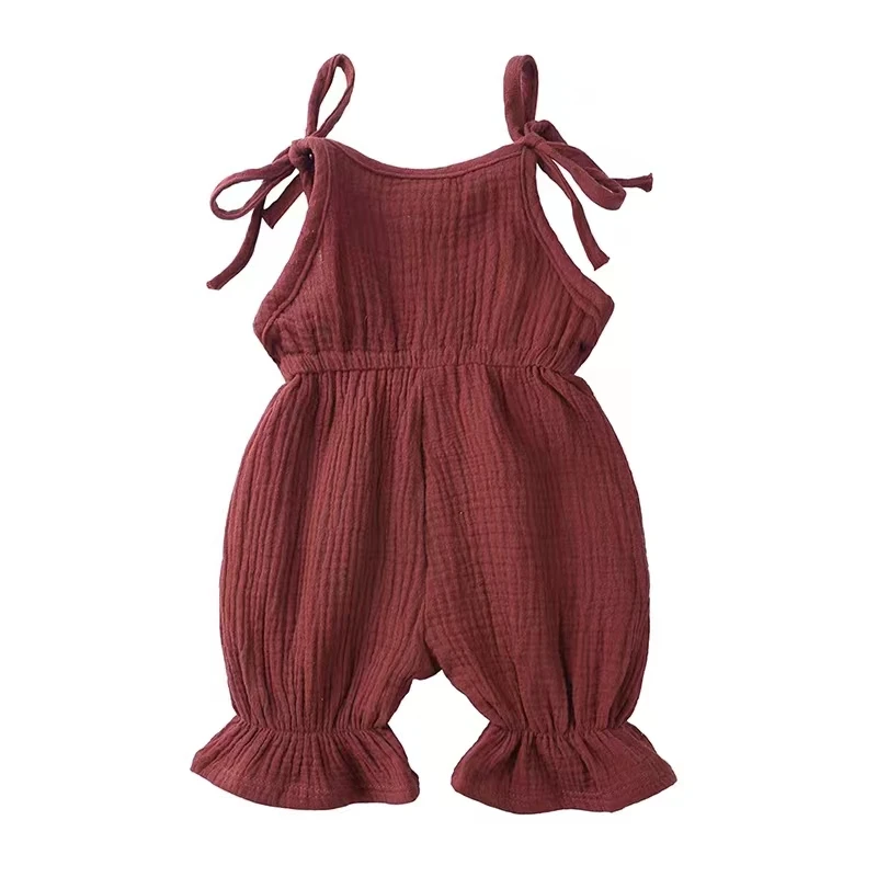 Latest Summer Baby Jumpsuit Cute Bodysuit Lace-up Design Little Girl Jumpsuit Custom Solid Color Cotton and Linen Kids Clothing - Image 3