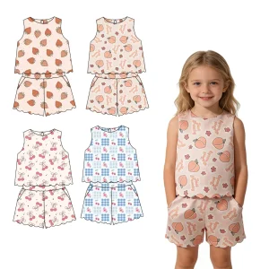 Summer Girls' Custom Casual Suit with Comfortable Fabric, Customizable Logo, Sleeveless Shorts Children's Set