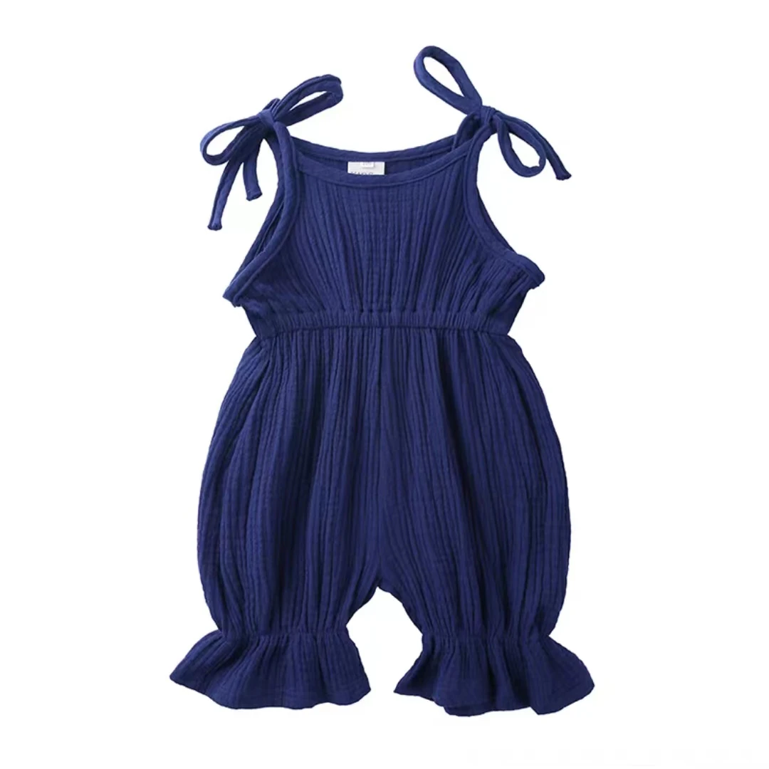Latest Summer Baby Jumpsuit Cute Bodysuit Lace-up Design Little Girl Jumpsuit Custom Solid Color Cotton and Linen Kids Clothing - Image 4