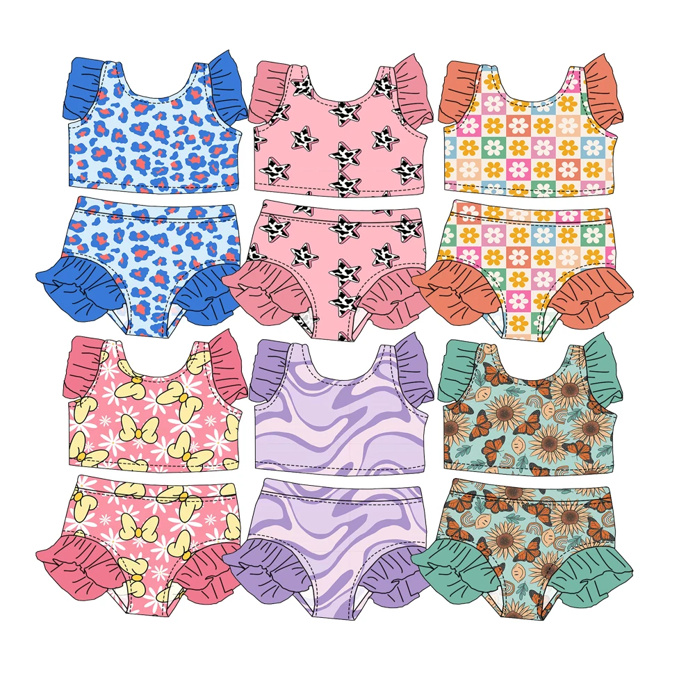High Quality Custom Floral Prints Kids Girls Ruffle Tank and Shorts 2-Pieces Swimsuit Infant Girl Swimwear Sets