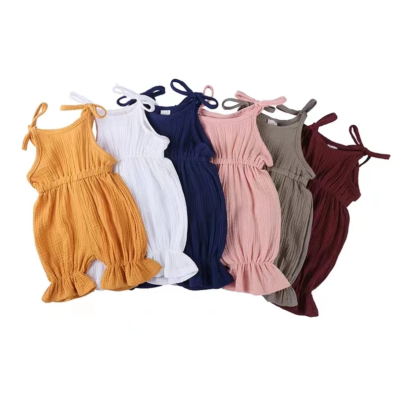 Latest Summer Baby Jumpsuit Cute Bodysuit Lace-up Design Little Girl Jumpsuit Custom Solid Color Cotton and Linen Kids Clothing