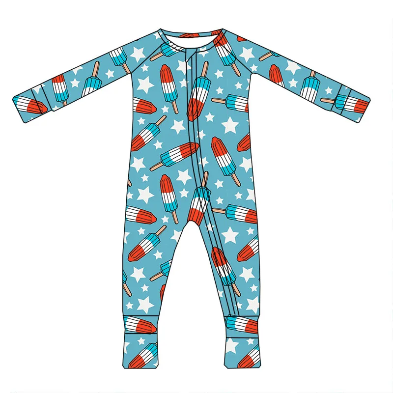 Hot Sale Custom Print Bamboo Fabric Long Sleeves Baby Girls Zippy Pajamas Romper - Image 5