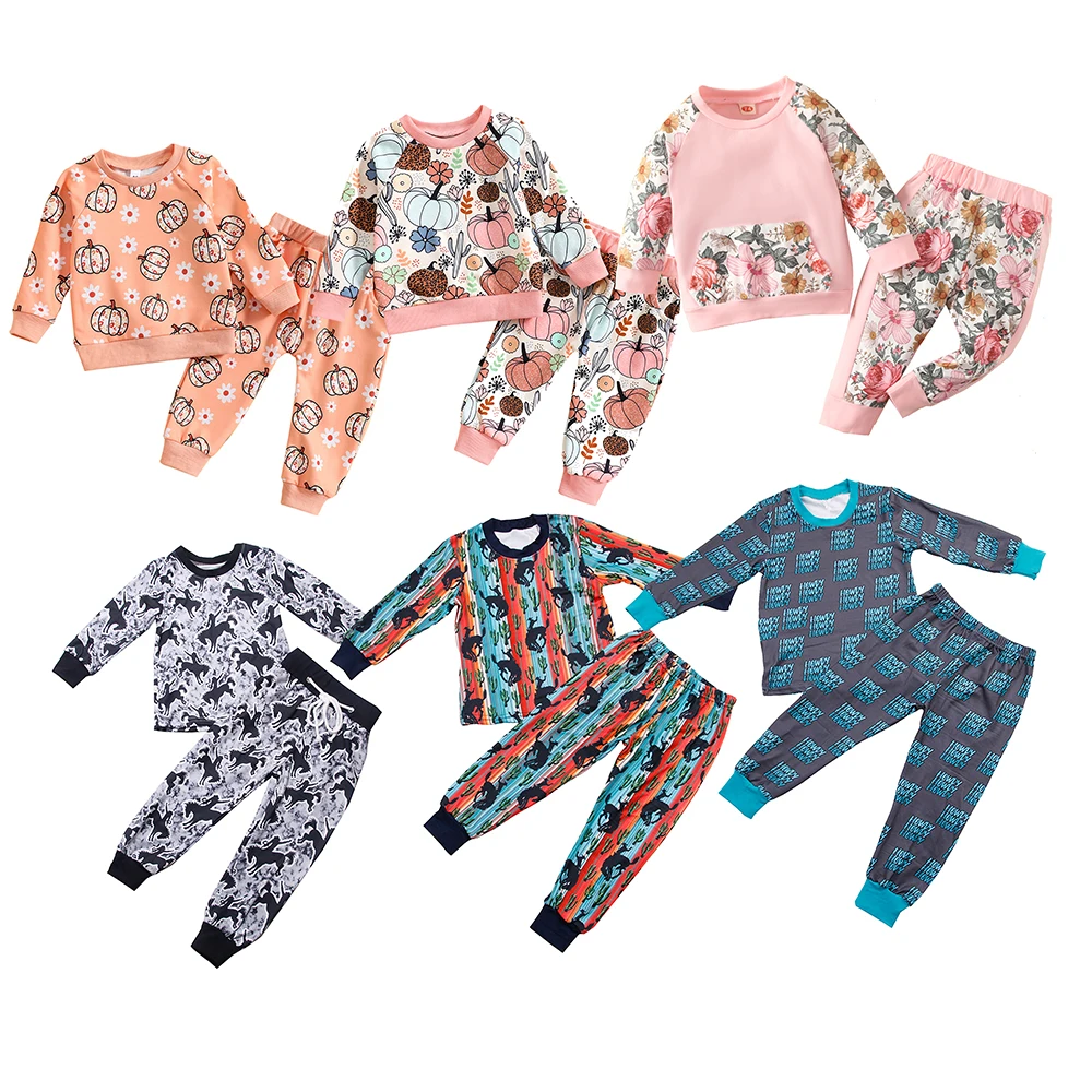 2023 Milk Silk Fabric Boy Girl Sleep Wear Kids Long Sleeve Long Pant 2 Pieces Outfits Fall Winter Baby Pajamas