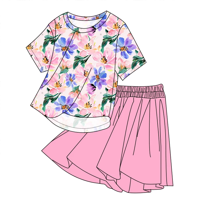 Hot Sale Kids Girl Short Sleeve Shirt with Skirts Set Soft Bamboo Fabric Little Girl Outfits - Image 3