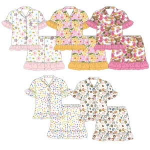 Hot Sale Little Girls Tiered Ruffled Pajama Set Button-Front Short Sleeve Top & Shorts Soft High Quality Baby Girls Sleepwear