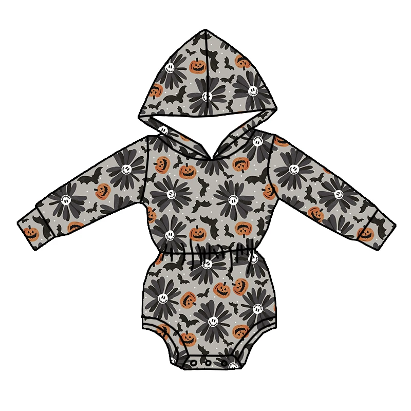 Newest Kids Clothing Spooky Season Halloween Custom Printed Long Sleeve One Piece Girls Hooded Romper - Image 5