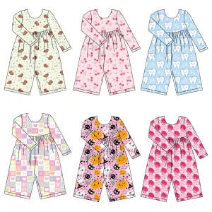 2025 Custom Pattern Children's Long-Sleeved Jumpsuit for Casual Daily Wear with Wide Legs Design for Girls Jumpsuit