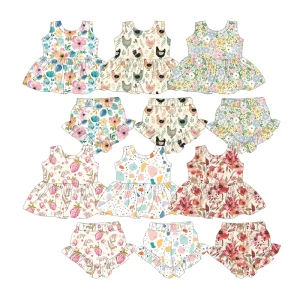 Boutique Kids Girl Spring Sleeveless Tank Top with Short Custom Floral Printing Teenage Girls Set