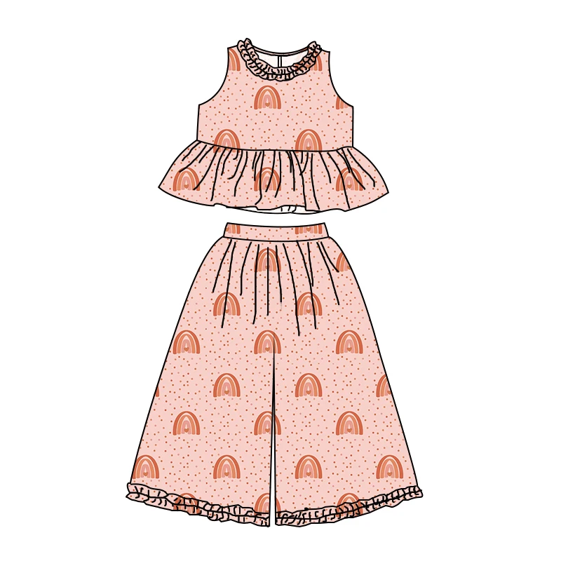 High-quality Summer Girl Sleeveless Peplum Top with Long Wide-leg Pants Set Custom Printed Children's Clothing - Image 4