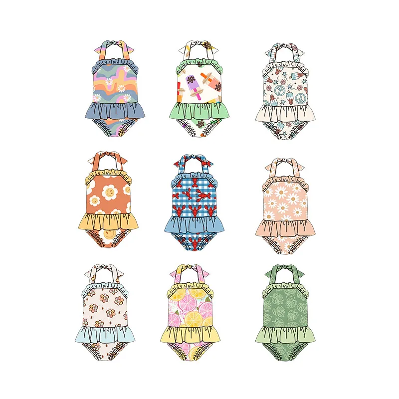 Stylish Custom Printed Halter Lace Baby Girls Swimming Suit Comfortable Quick-drying Children's Swimsuit