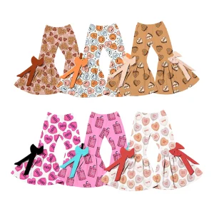 Factory Wholesale Sweet and Cute Little Girl Bell Bottom Pants Kids Trousers Bow Design Custom Print Children Flare Pants