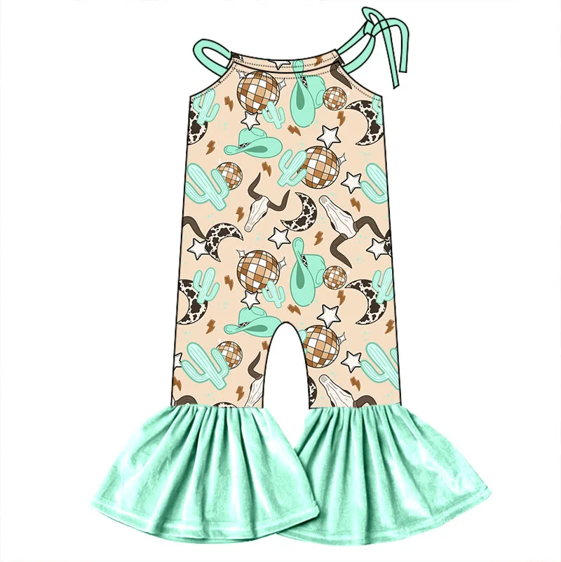 New Design Toddler Girls One Piece Halter Bodysuit Custom Pattern Sleeveless Bell Bottoms Kids Tie up Romper - Image 2