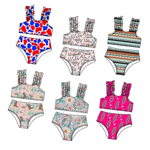 New Arrival Summer Kids Swimsuits Custom Western Printed Girls Ruffle Strap Two Pieces Bathing Suits