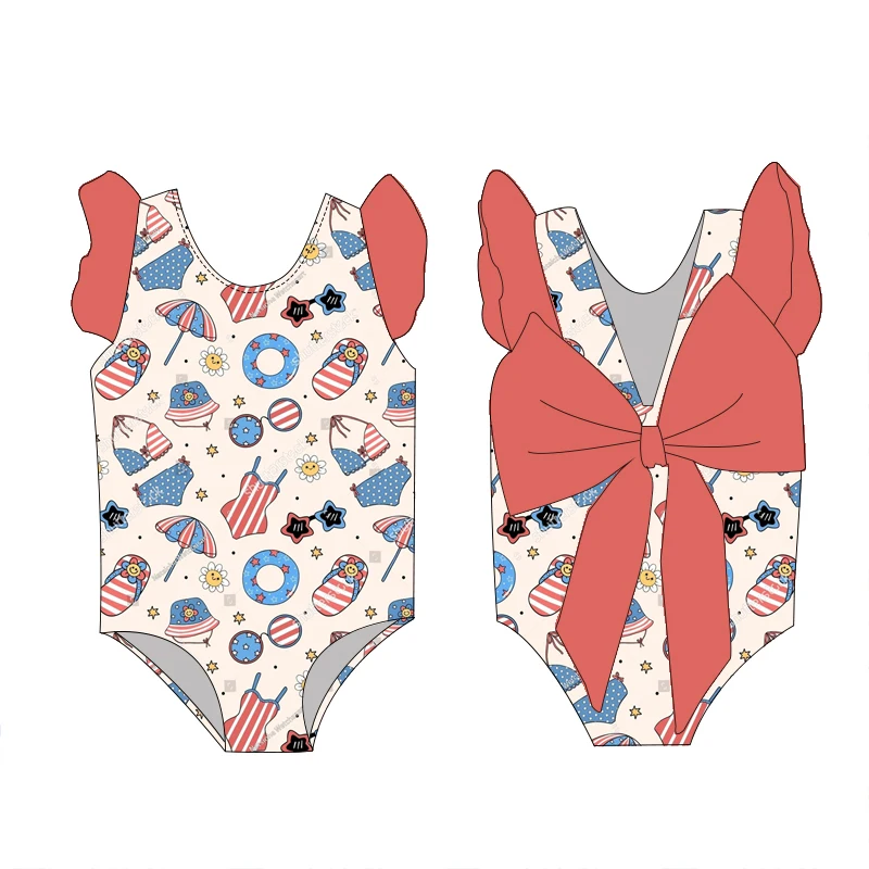 Wholesale Custom Girl's Summer Big Bow Swimsuit 4th of July Printing Kid's Sleeveless Beach Swimwear - Image 3