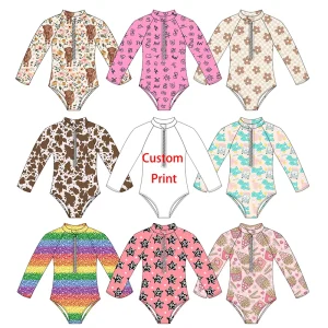 Summer Girl Beach Wear 0-16 Years Old Swimsuit Custom Print Kids Long Sleeve Bathing Suit With Zipper One-Piece Swimming Wear