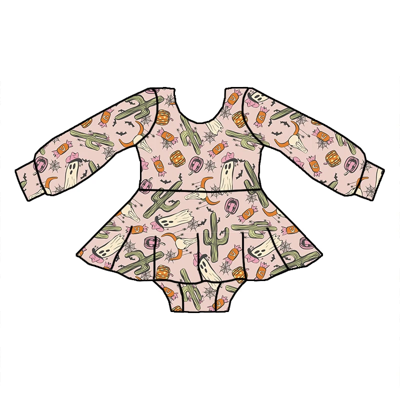 2023 Fashion Children Fall Season Spooky Kids One-piece Custom Prints Girls Long Sleeve Skirted Romper - Image 3