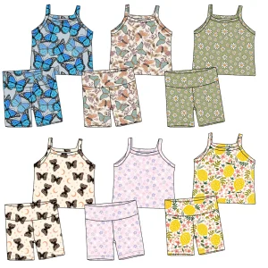 Summer Girls'  Breathable Sleeveless Set with Custom butterfly Flowers and Comfortable Fabric Children's Cycling Pants Set