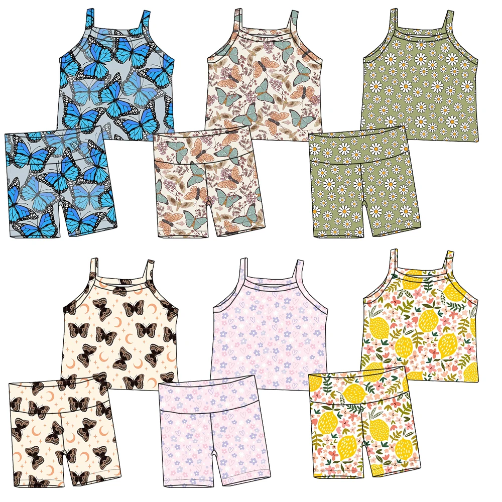 Summer Girls' Breathable Sleeveless Set with Custom butterfly Flowers and Comfortable Fabric Children's Cycling Pants Set