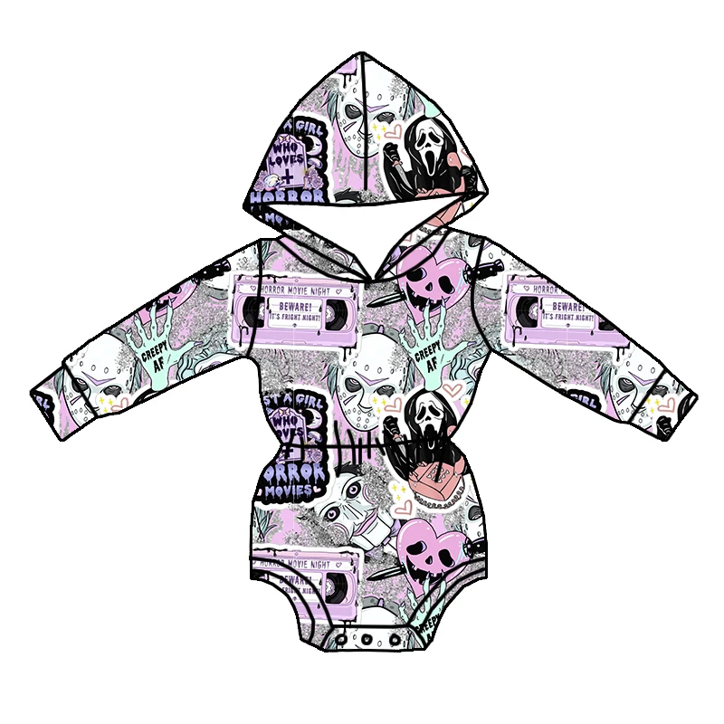 Newest Kids Clothing Spooky Season Halloween Custom Printed Long Sleeve One Piece Girls Hooded Romper - Image 2
