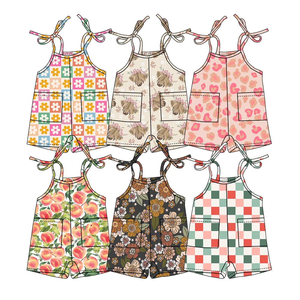 Hot Sale Summer Autumn Custom Floral Print Infant Toddler Girl Jumpsuit With Tie Sleeveless Short Length Pants Tie up Romper