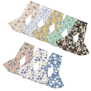 Best Seller Toddler Kids Flared Pants, High-Waisted Bamboo Fiber Vintage Floral Print Stylish Girls Daily Wear Custom Bottoms