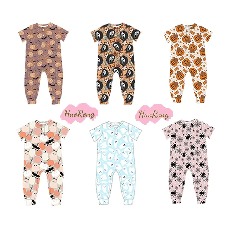 Wholesale Halloween Newborn Toddler Custom Milk Silk Pajamas Short Sleeve Romper Bottom Snap Infant Baby Clothes Jumpsuit Romper