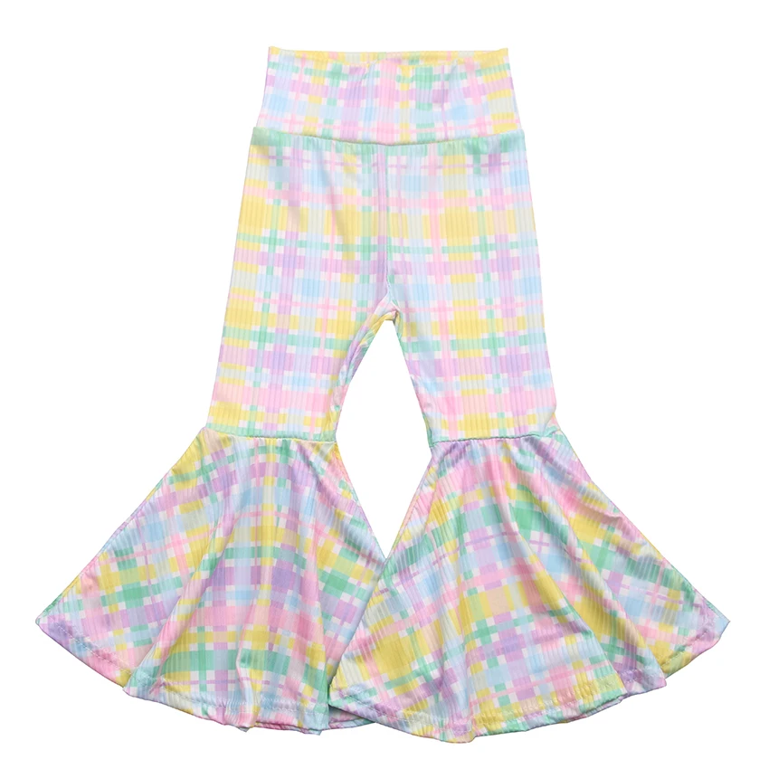 Hot Selling Kids Baby Clothes Pants Boutique Plaid Print Bell Bottoms Children Girls Ribbed Fabric Big Flared Pants - Image 6