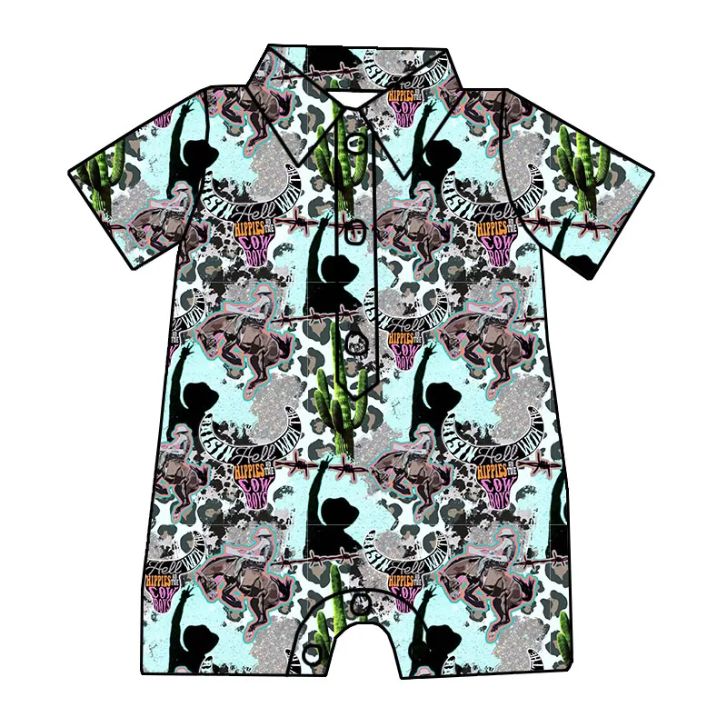 Wholesale Boys Clothing Custom Button up Romper Stylish Western Halloween Printed Toddler Boys Romper - Image 6