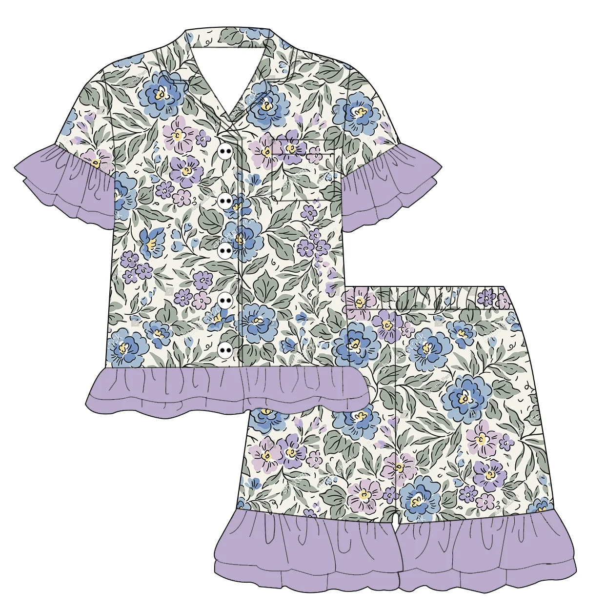 Hot Sale Little Girls Tiered Ruffled Pajama Set Button-Front Short Sleeve Top & Shorts Soft High Quality Baby Girls Sleepwear - Image 3