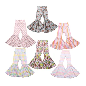 Hot Selling Kids Baby Clothes Pants Boutique Plaid  Print Bell Bottoms Children Girls Ribbed Fabric Big Flared Pants