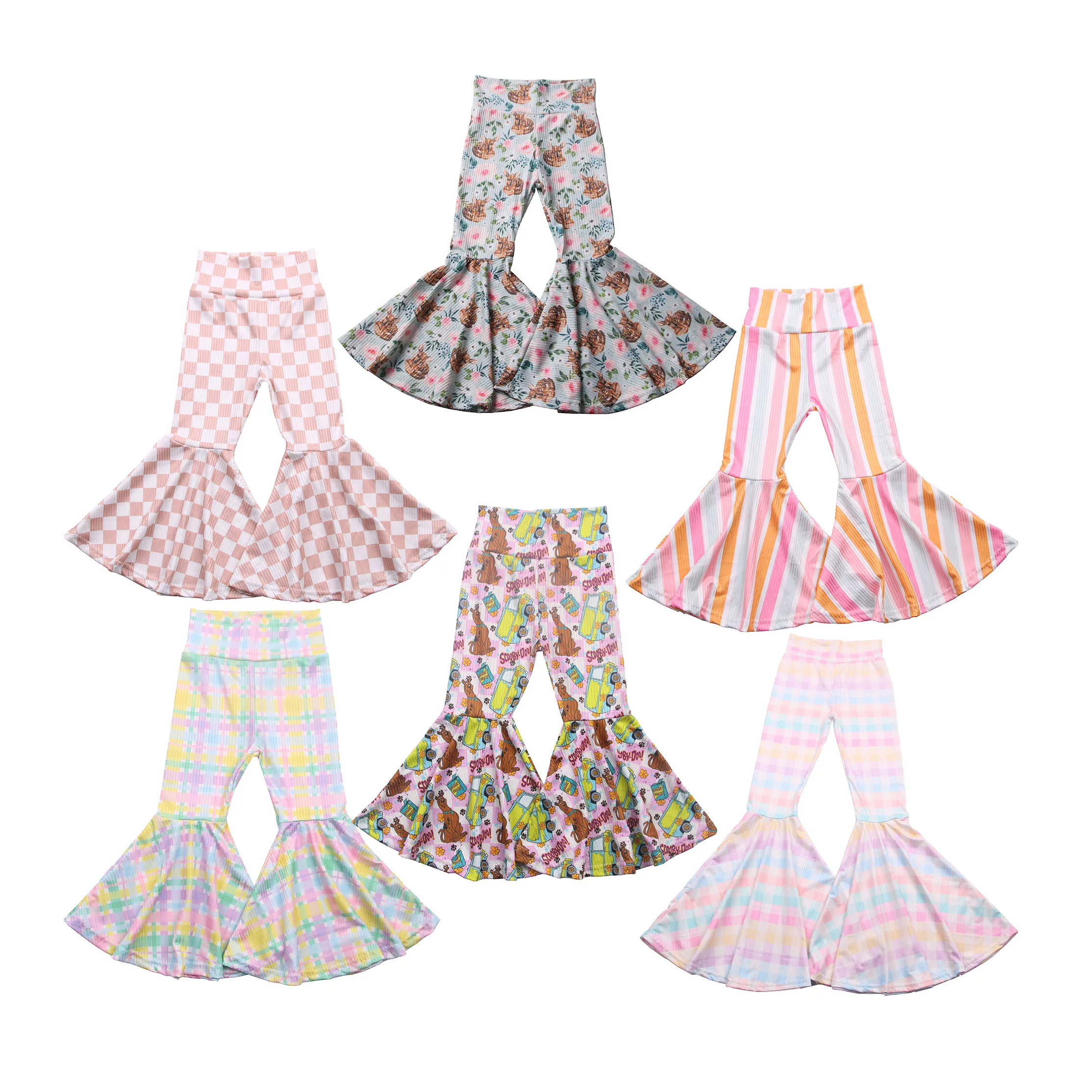 Hot Selling Kids Baby Clothes Pants Boutique Plaid Print Bell Bottoms Children Girls Ribbed Fabric Big Flared Pants