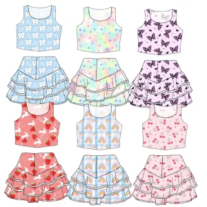Low MOQ Summer Children's Custom-made Clothing - O-necked Top with Short Skirt and Lace Trim Design - Adorable Girls' Clothing