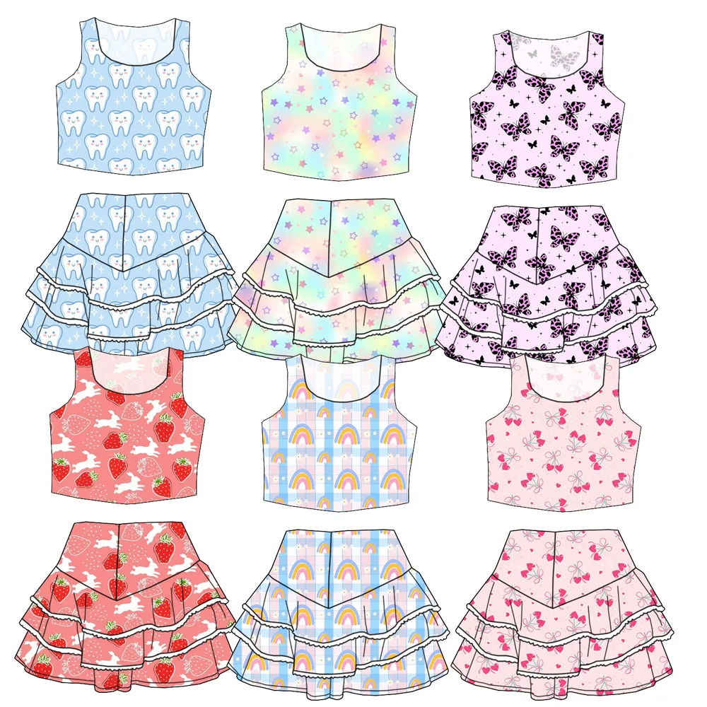 Low MOQ Summer Children's Custom-made Clothing - O-necked Top with Short Skirt and Lace Trim Design - Adorable Girls' Clothing