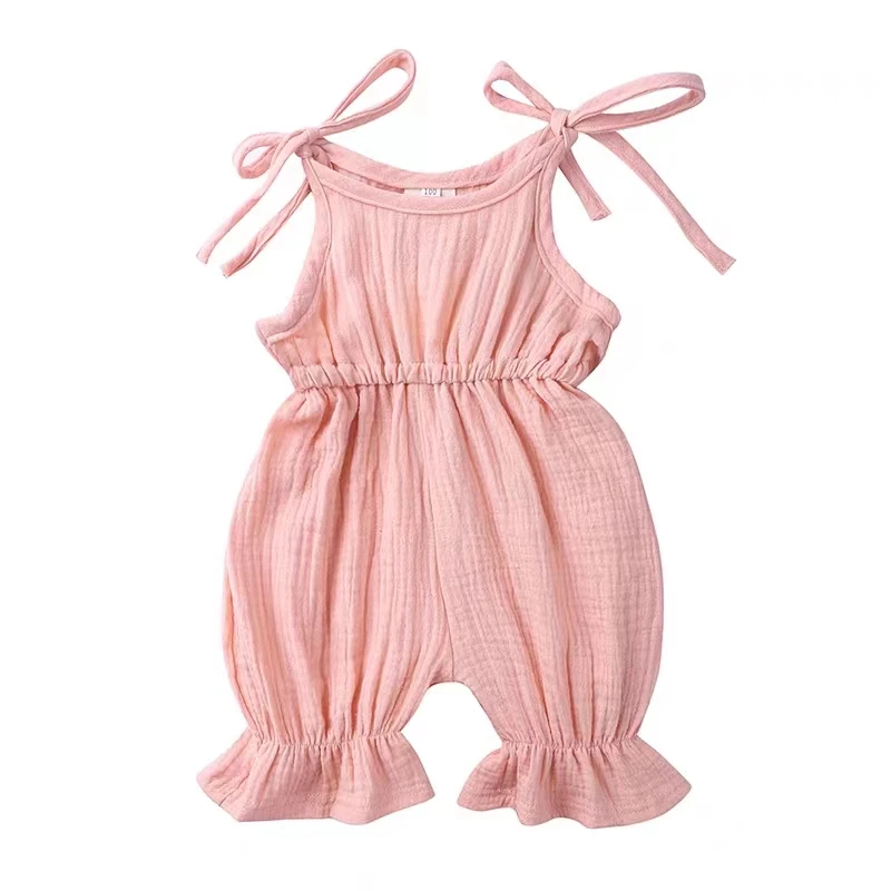 Latest Summer Baby Jumpsuit Cute Bodysuit Lace-up Design Little Girl Jumpsuit Custom Solid Color Cotton and Linen Kids Clothing - Image 5