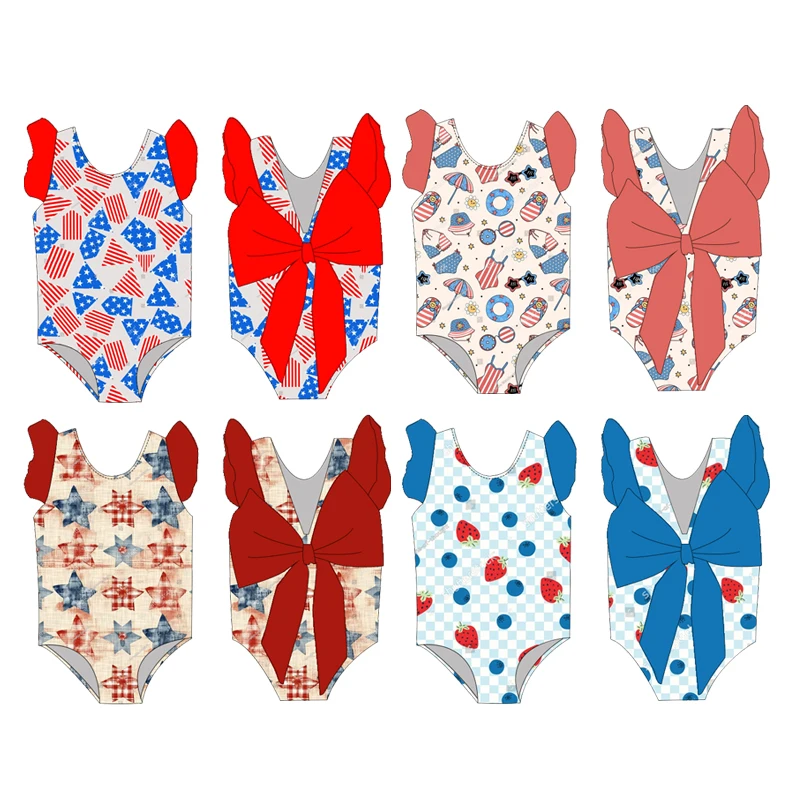 Wholesale Custom Girl's Summer Big Bow Swimsuit 4th of July Printing Kid's Sleeveless Beach Swimwear